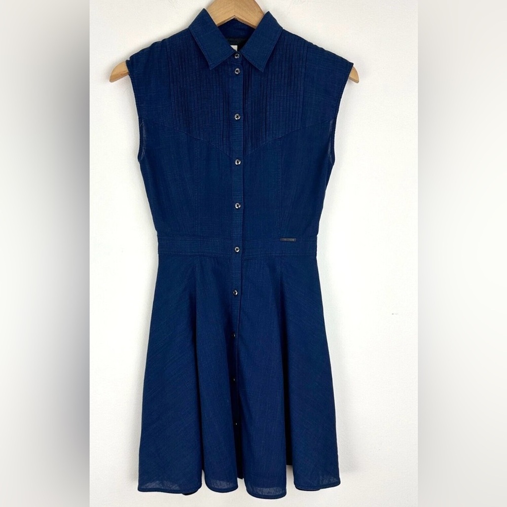Diesel Women's L Blue Cotton Fit Flare Mini Skater Shirt Dress, Pintucks, Punk